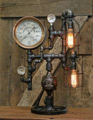 Steampunk Industrial Pipe Lamp / Antique Steam Gauge / Gear / Boston / Lamp #1765