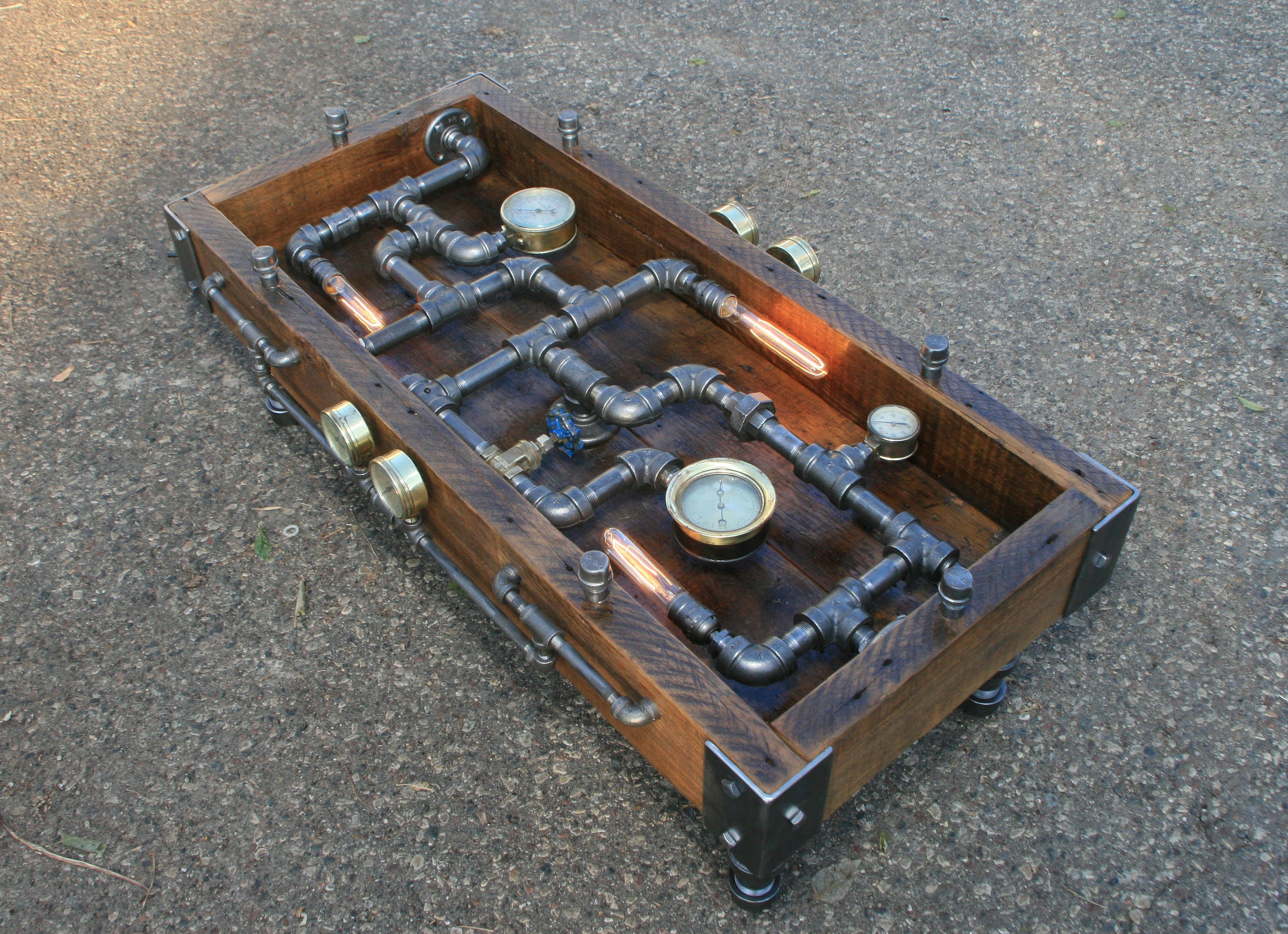 Steampunk Industrial Table / Coffee / Barn Wood / Gauges / Glass / Table #1750