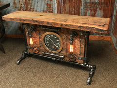 Steampunk Industrial Table, Lamp Stand, Console, Barn wood & Steam Gauge - #884 - Sold