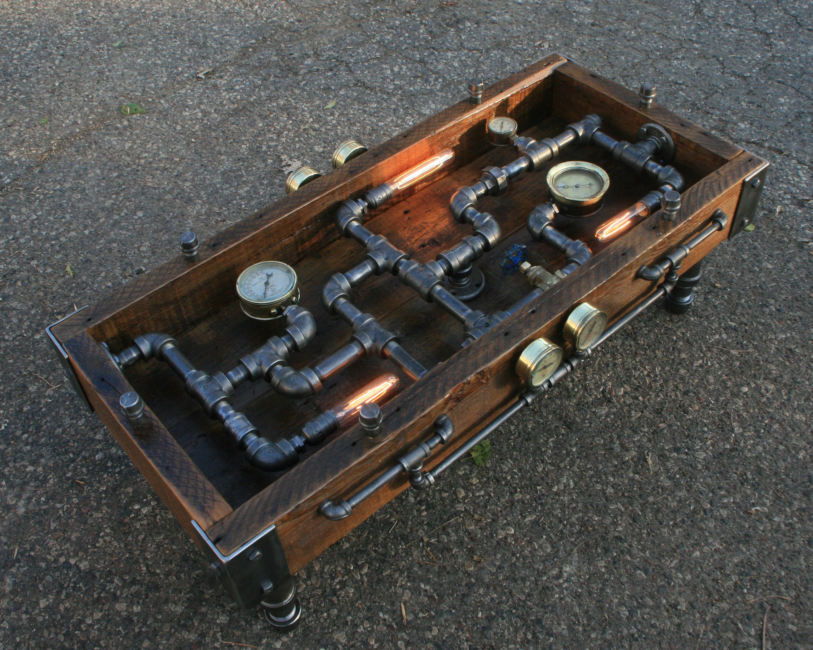 Steampunk Industrial Table / Coffee / Barn Wood / Gauges / Glass / Table #1750