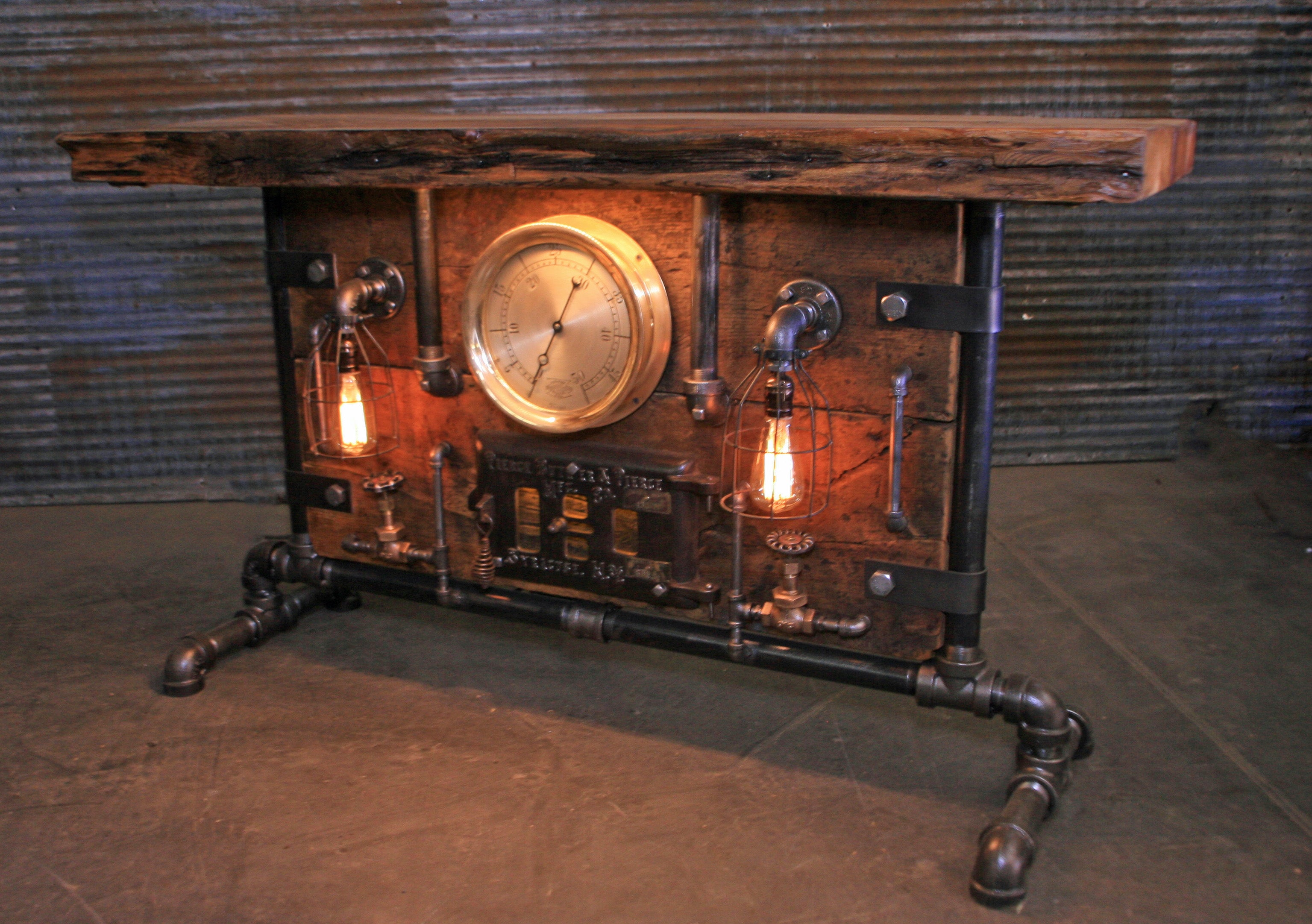 Antique Steampunk Industrial Boiler Door Table Stand / Steam Gauge   / Reclaimed BarnWood Top - #2794