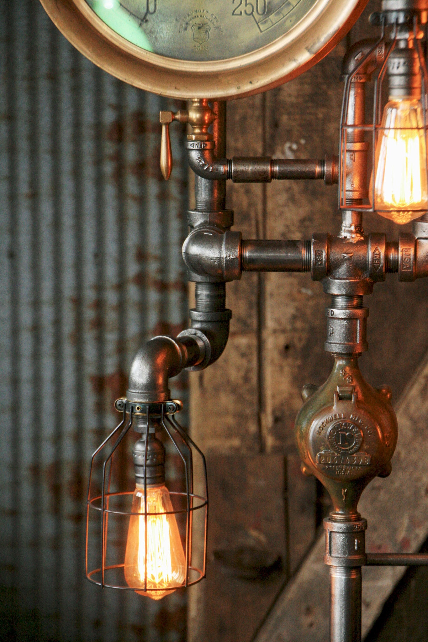 Steampunk, Industrial Pipe and Vintage Steam Gauge Floor Lamp #824