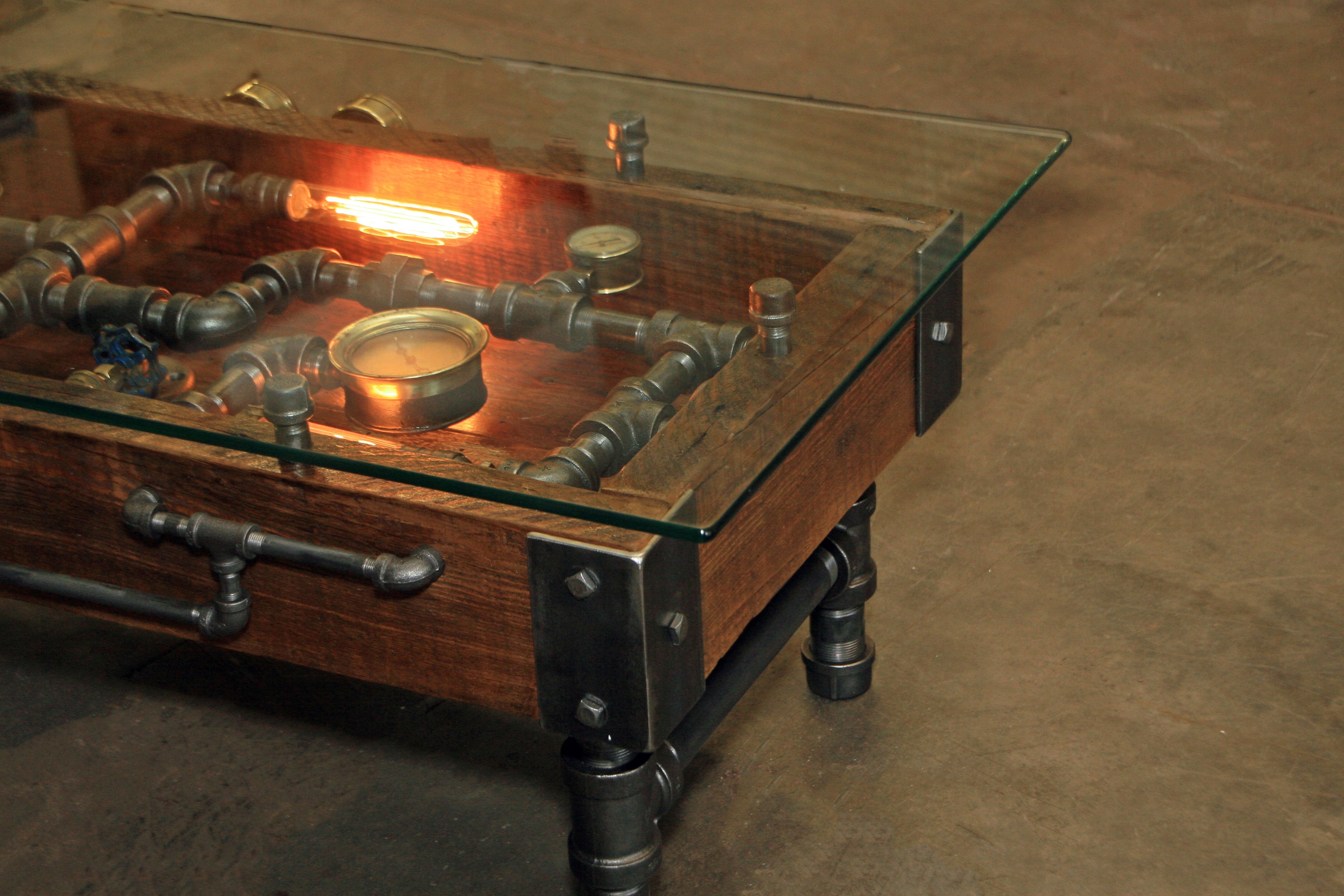 Steampunk Industrial Table / Coffee / Barn Wood / Gauges / Glass / Table #1750