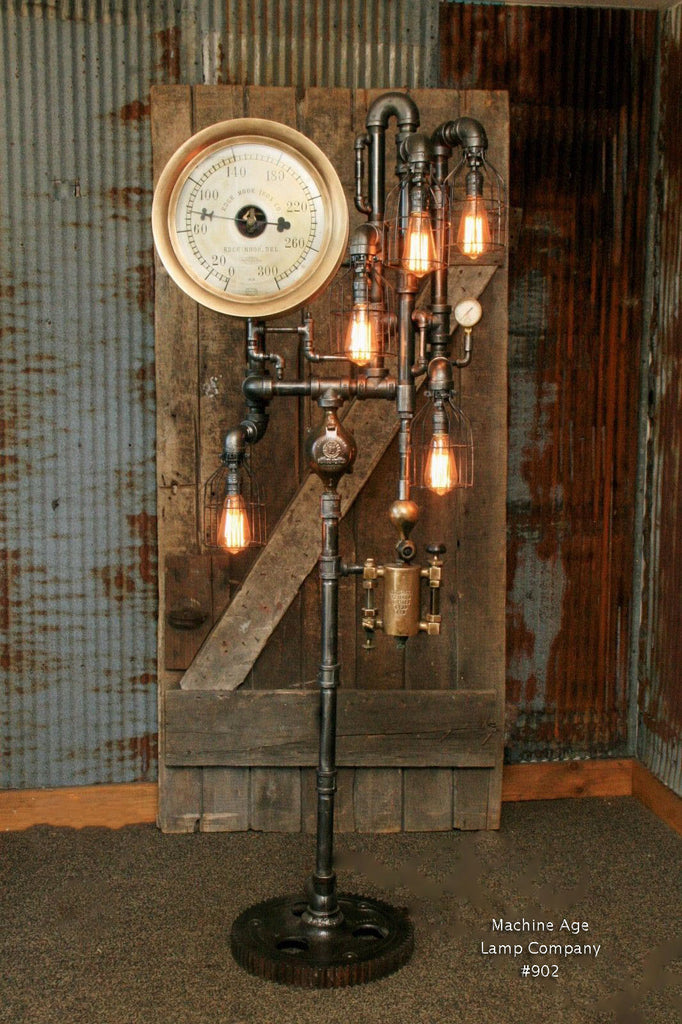 Steampunk Industrial Floor Lamp, Steam Gauge, Oiler  #902