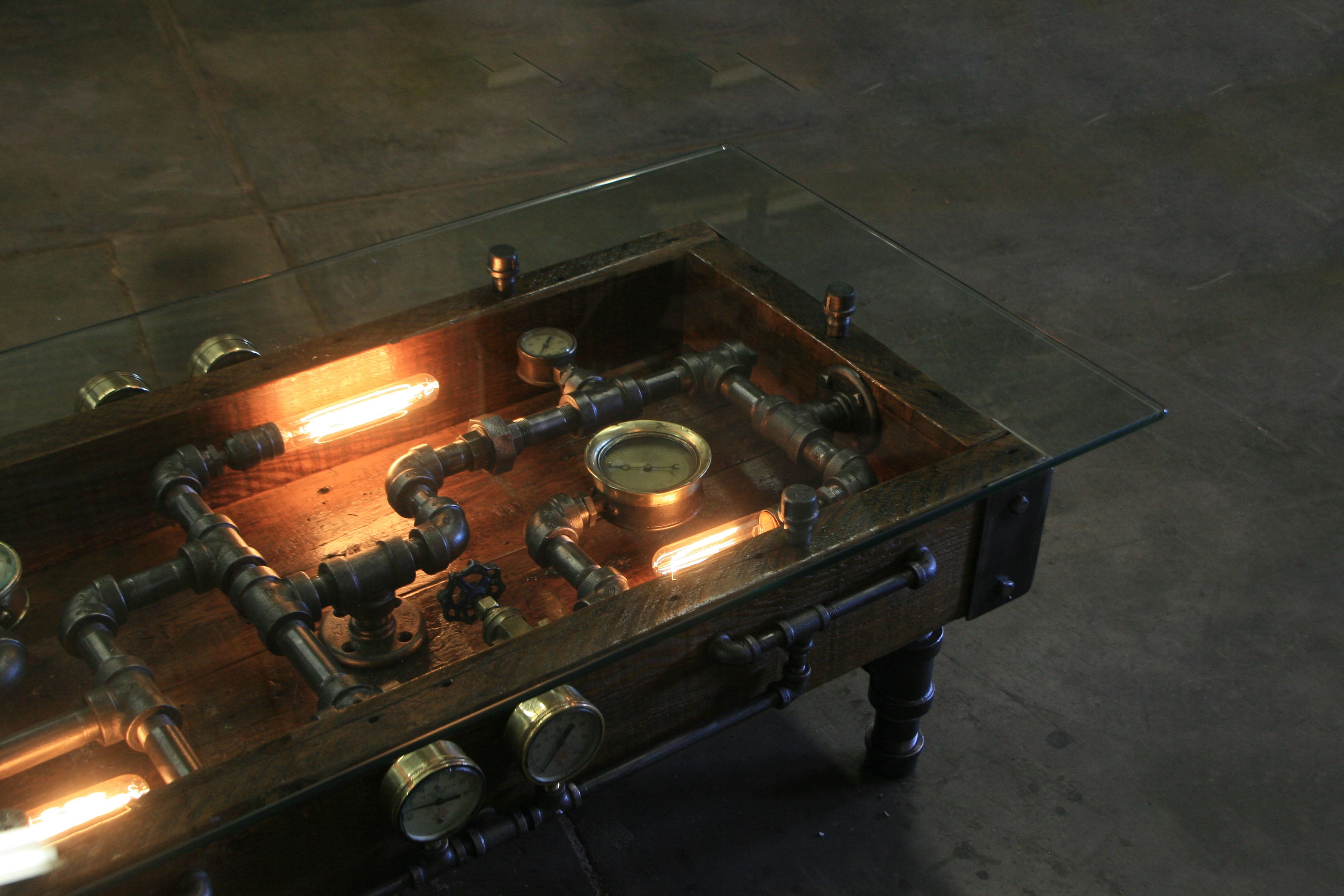 Steampunk Industrial Table / Coffee / Barn Wood / Gauges / Glass / Table #1750