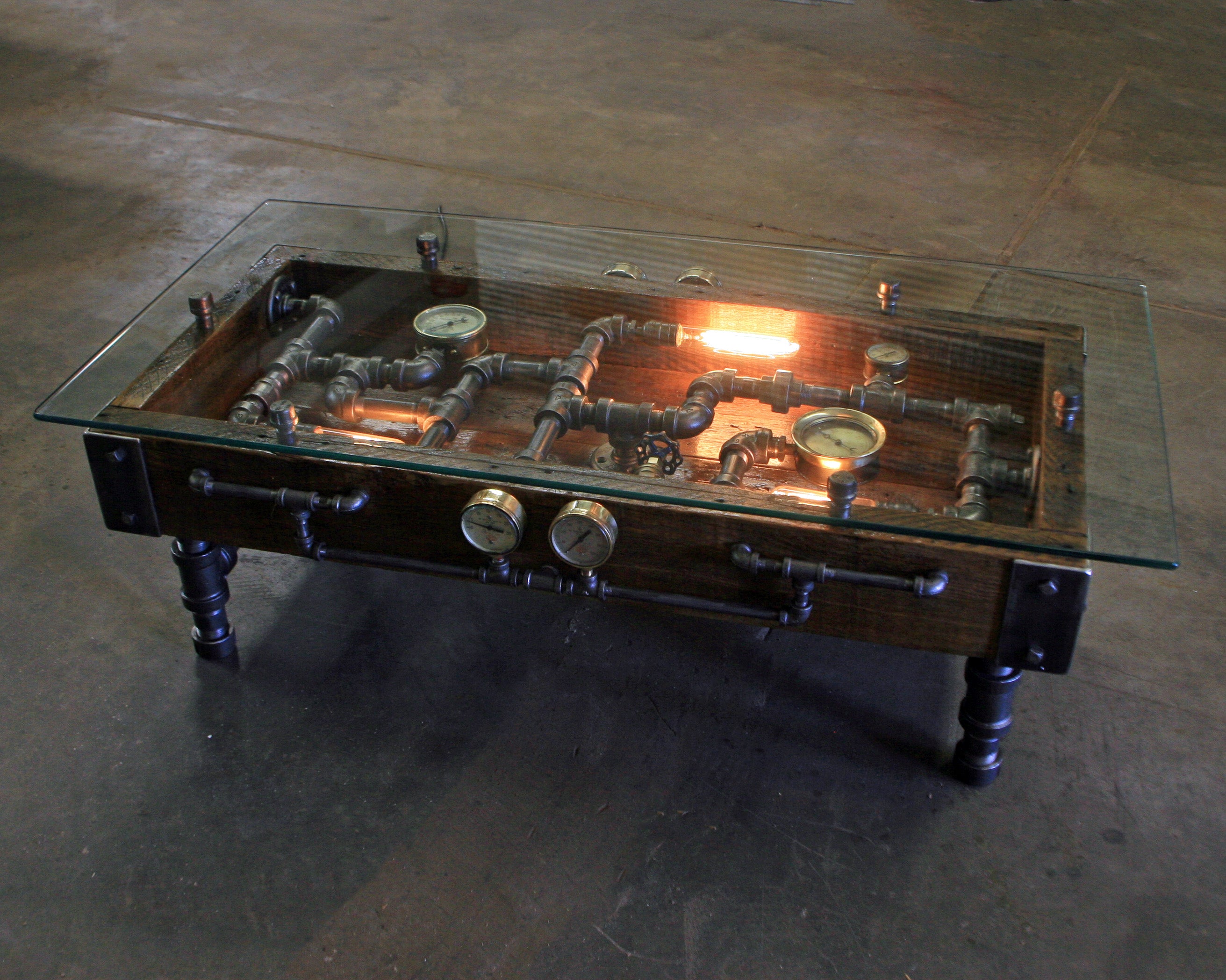 Steampunk Industrial Table / Coffee / Barn Wood / Gauges / Glass / Table #1750