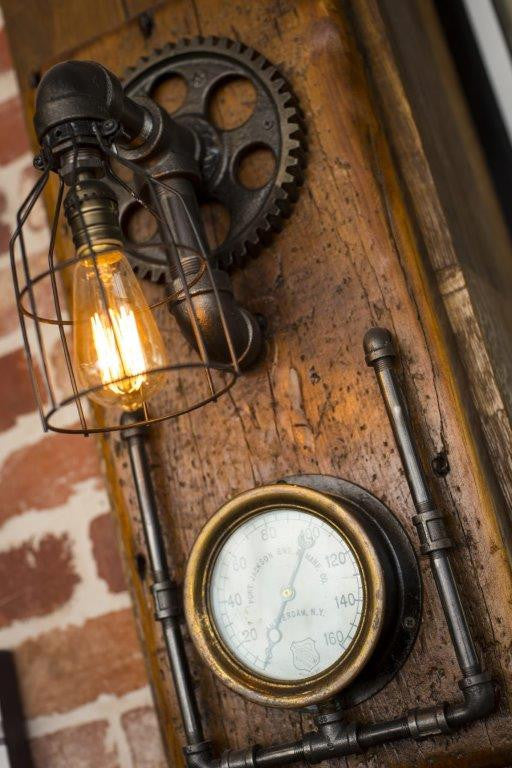 Steampunk, Industrial Barn Wood Wall Sconce, Steam Gauge - #628
