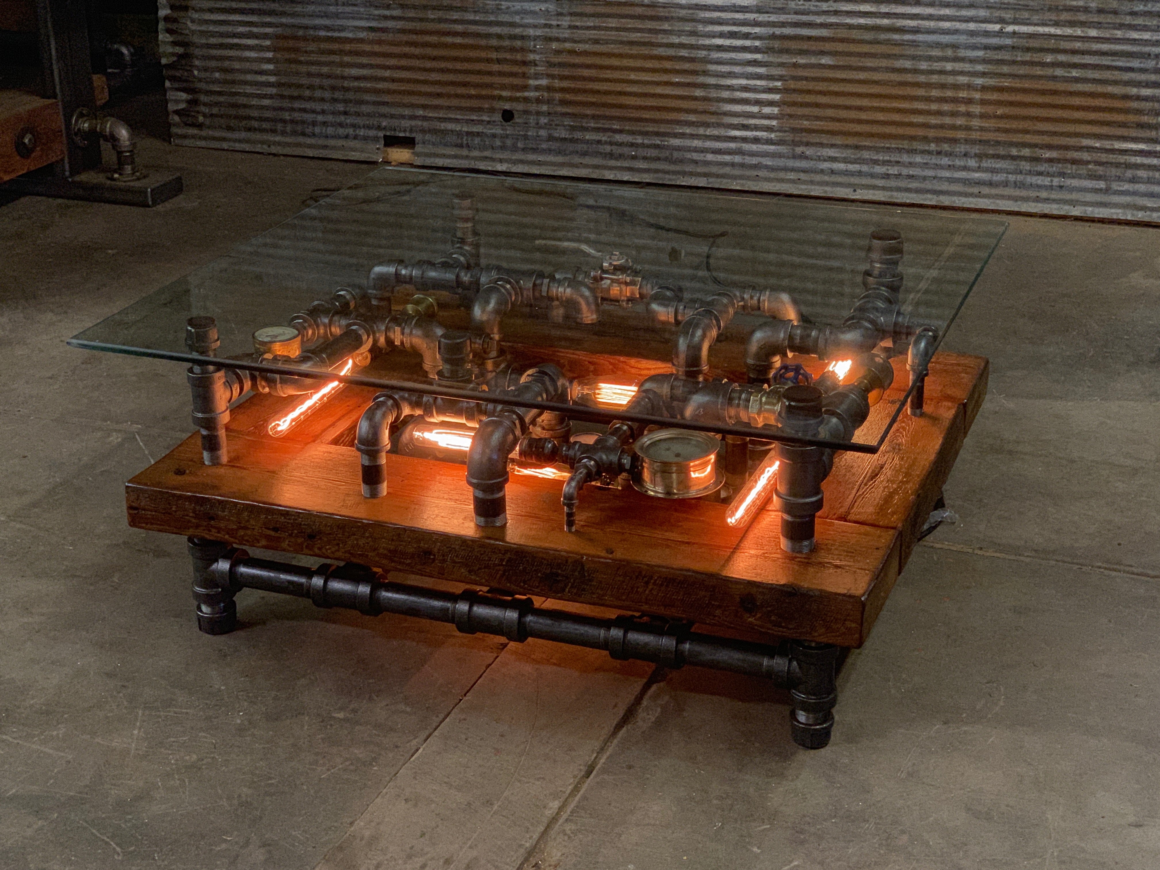 Steampunk Industrial Barnwood Coffee Table / Machine Age Lamps / Steam Gauge Table  #2517