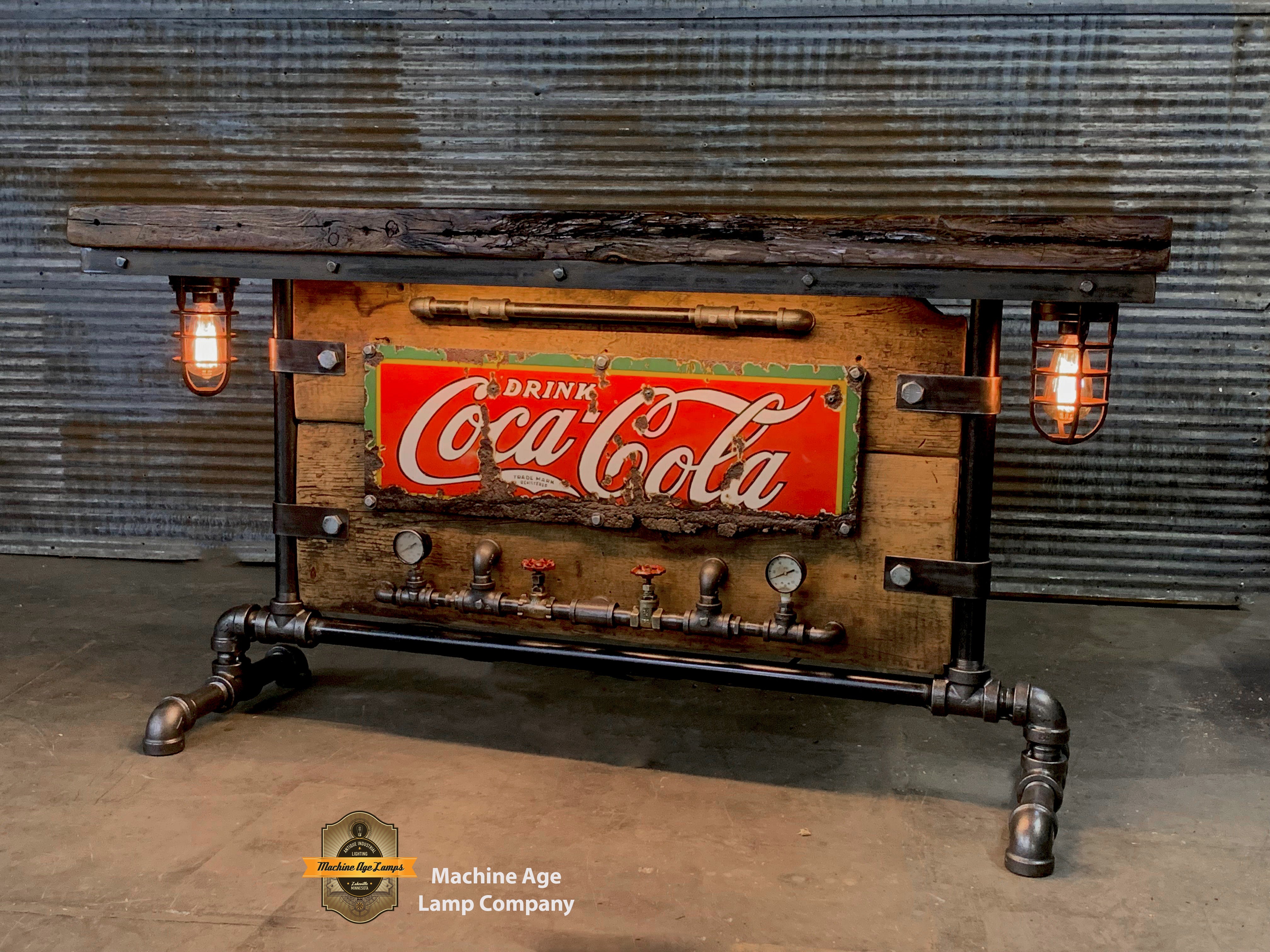 Steampunk Industrial / Antique 1920's Coke Sign / Steam Gauge / Barn Wood / table #2676