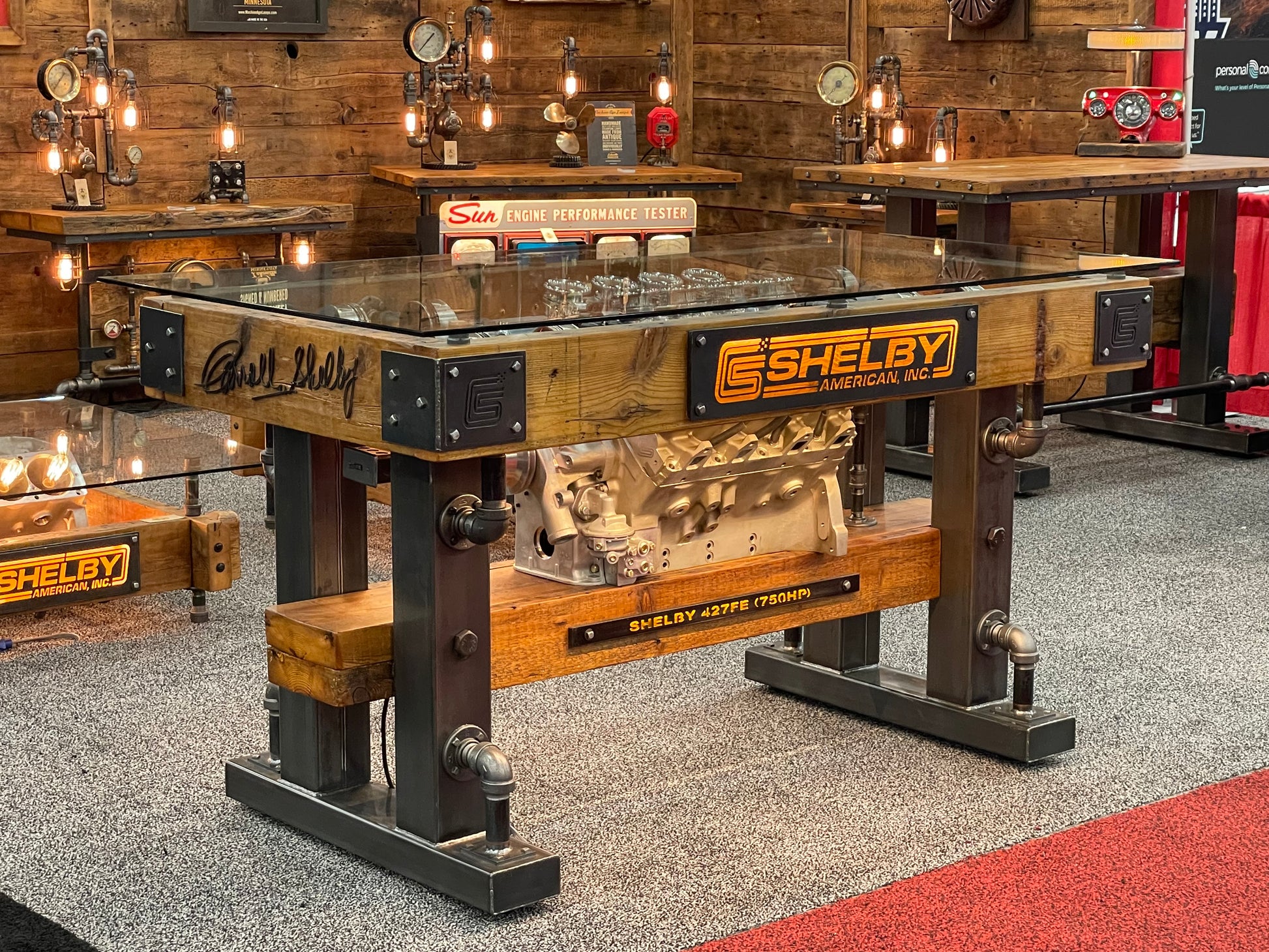 Handcrafted Carroll Shelby 427 FE engine pub table, custom made steampunk industrial furniture.