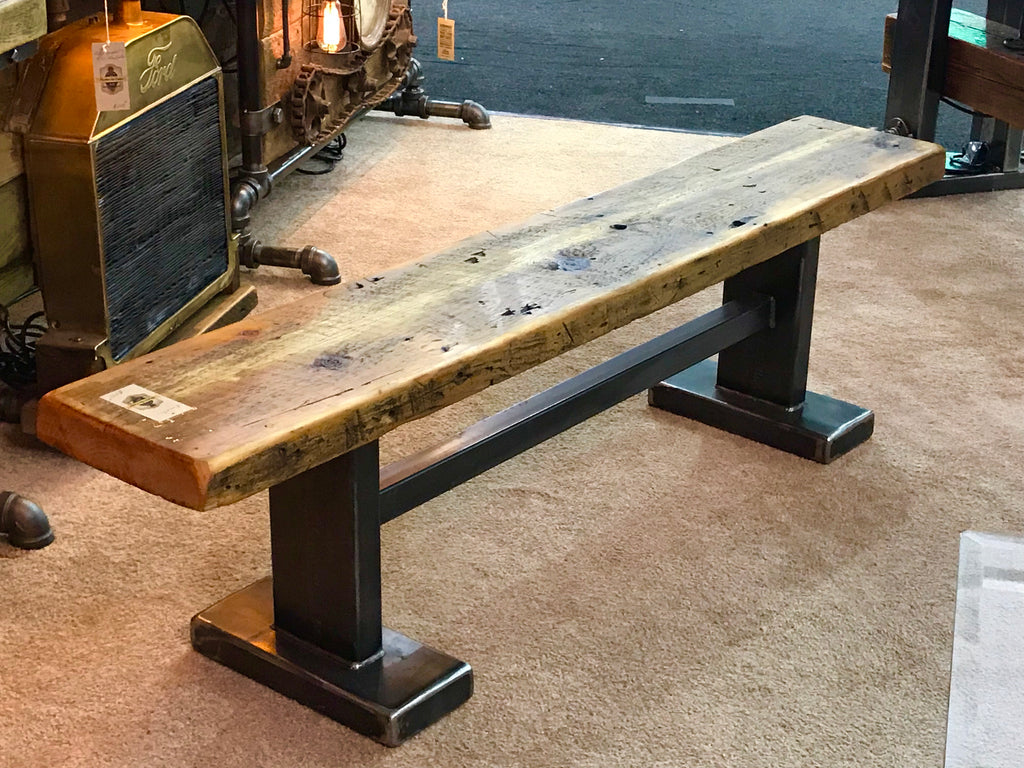 Industrial structural Iron beam Barnwood top bench