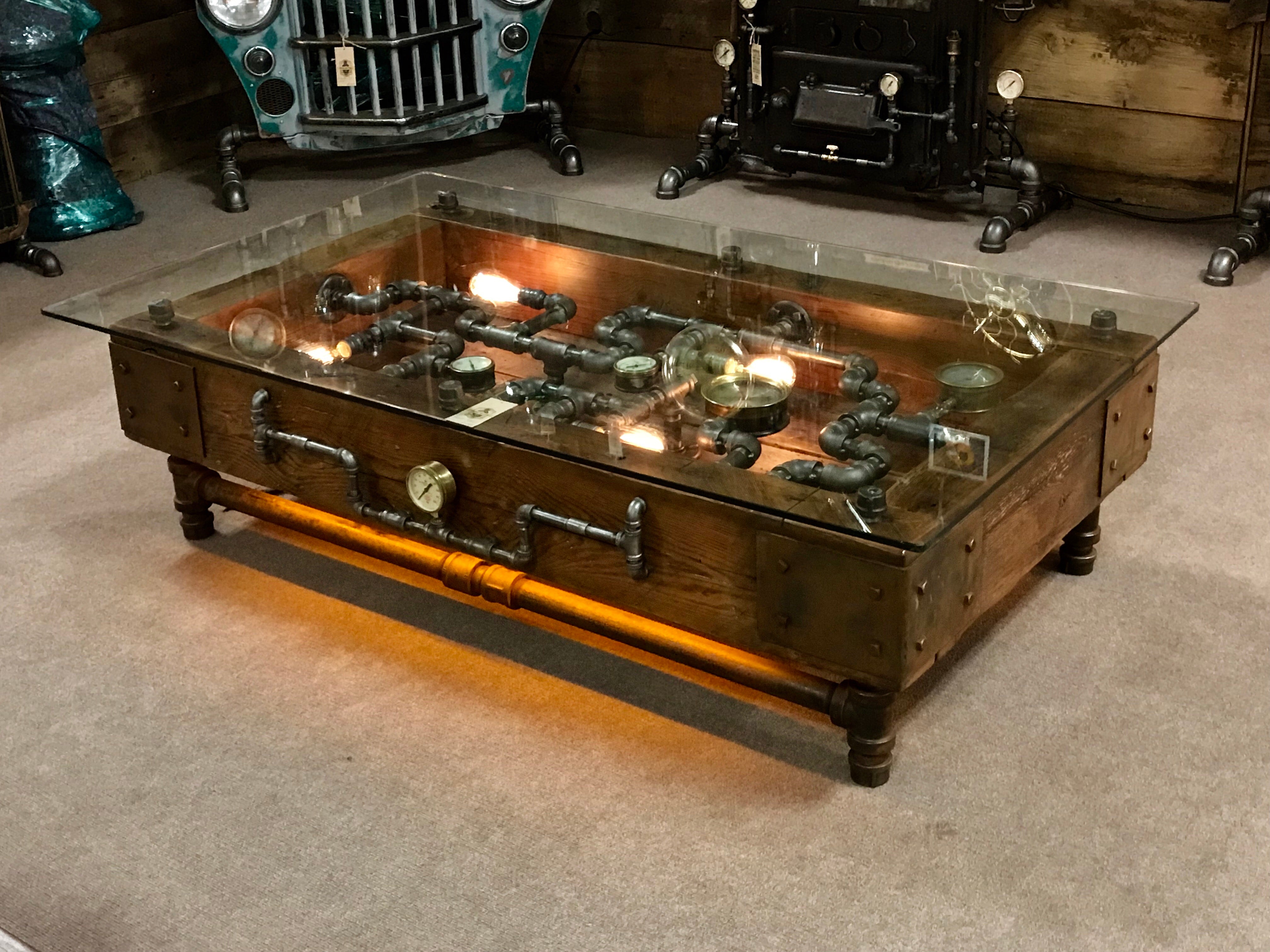 Steampunk Industrial Barnwood Coffee Steam Gauge Table  #2000