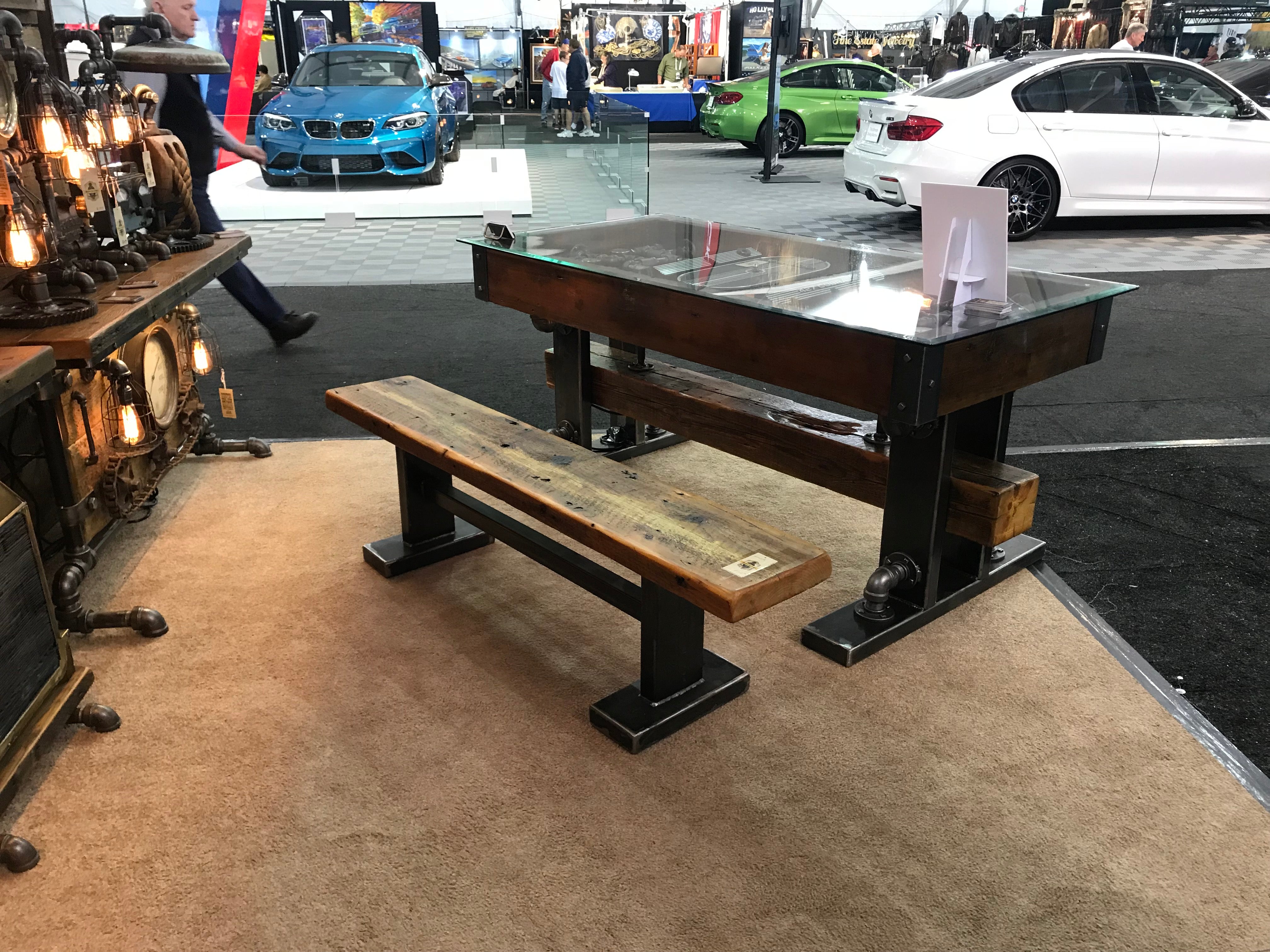 Industrial structural Iron beam Barnwood top bench