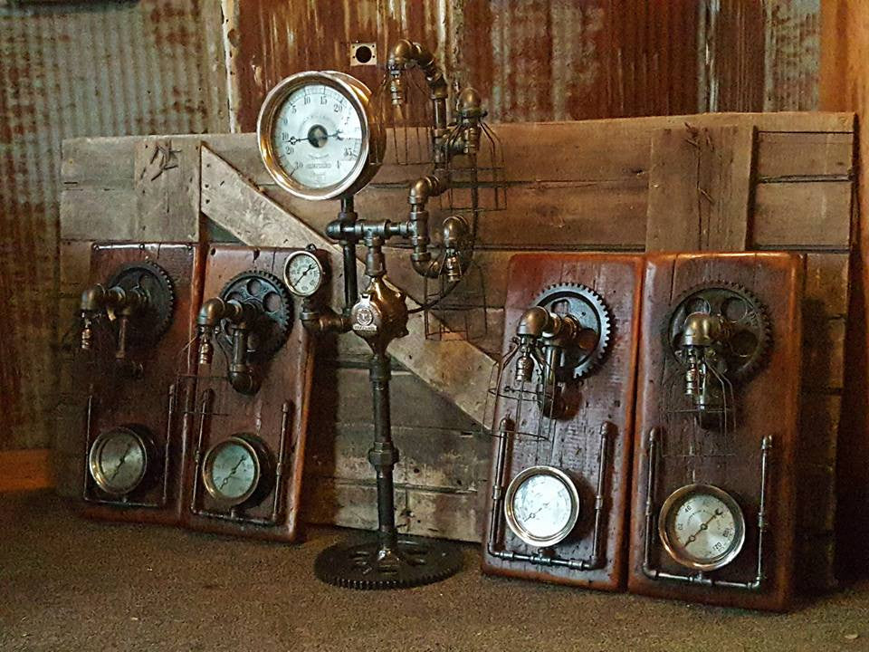 Steampunk, Industrial Barn Wood Wall Sconce, Steam Gauge - #628