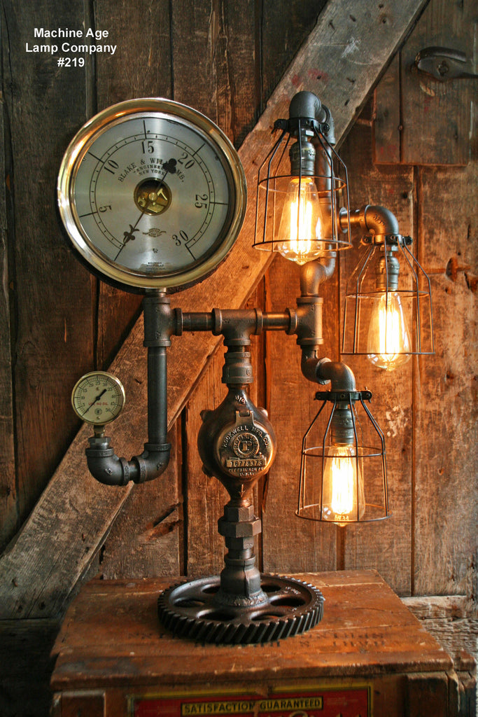 Steampunk Lamp, Steam Gauge and Gear Base #219 - SOLD